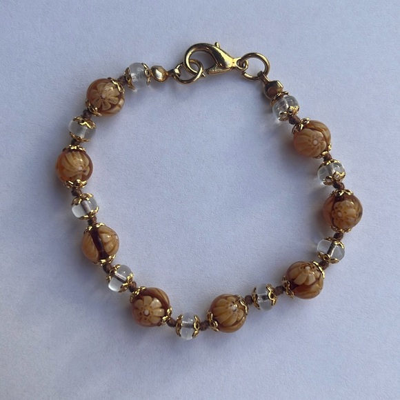 Vintage Hand Knotted Venetian Amber Murano Art Glass Bead Brass Bracelet - Picture 3 of 8